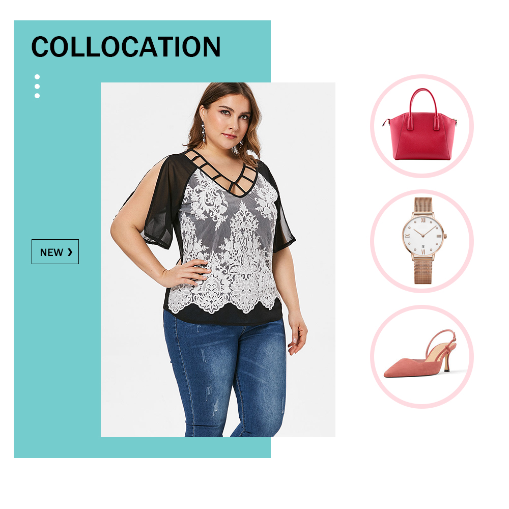 Plus Size Cut Out Lace Panel Blouse