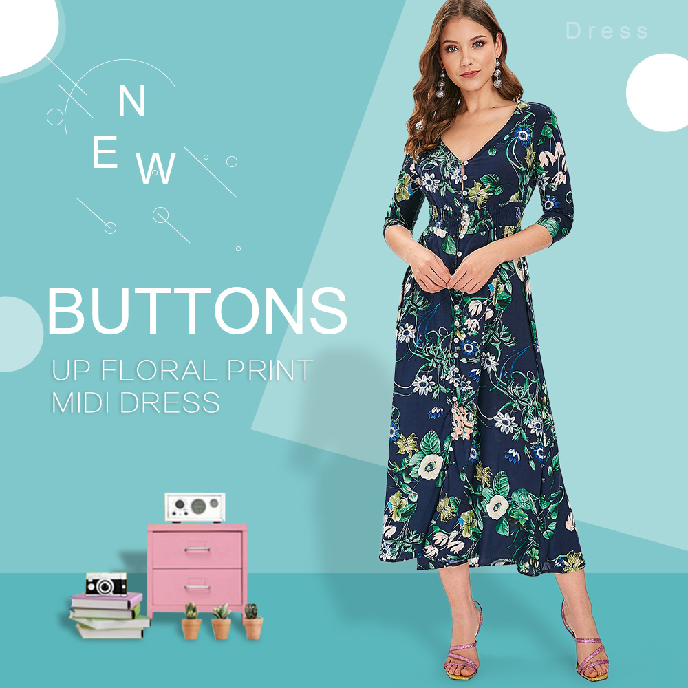 Buttons Up Floral Print Midi Dress