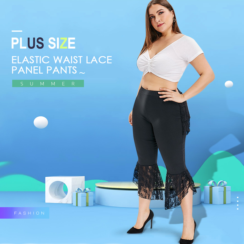 Plus Size Elastic Waist Lace Panel Pants