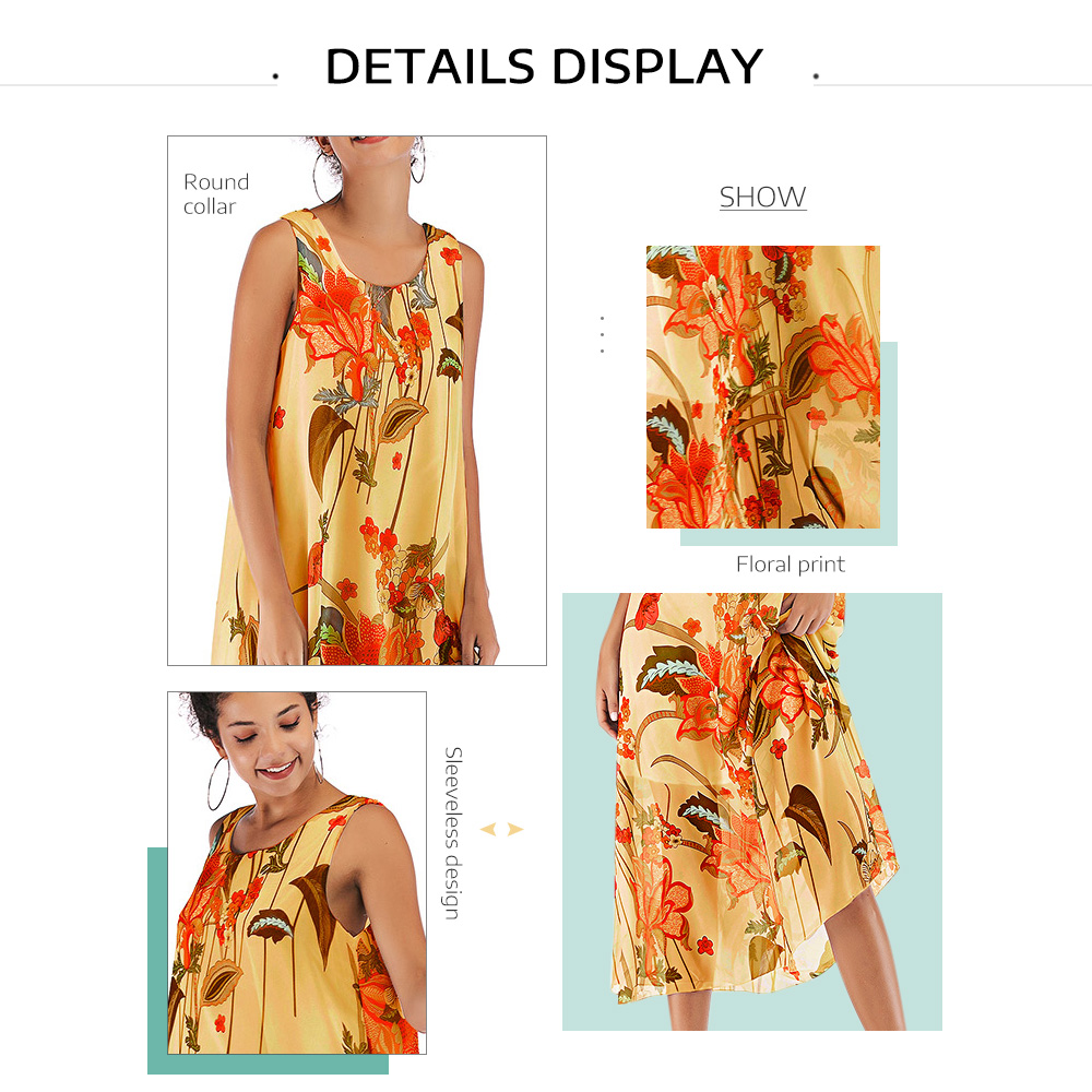 Round Collar Sleeveless Floral Print Women Chiffon Midi Dress