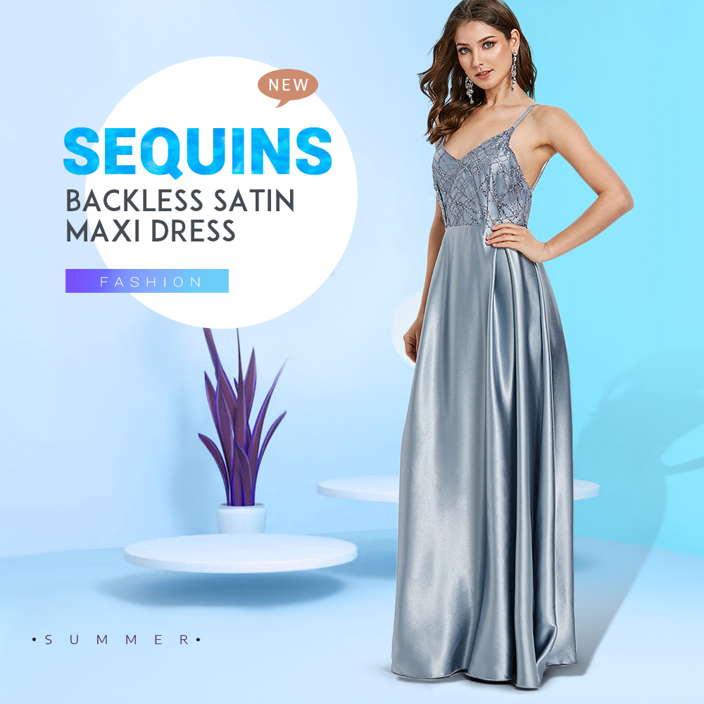 Sequins Backless Satin Maxi Dress