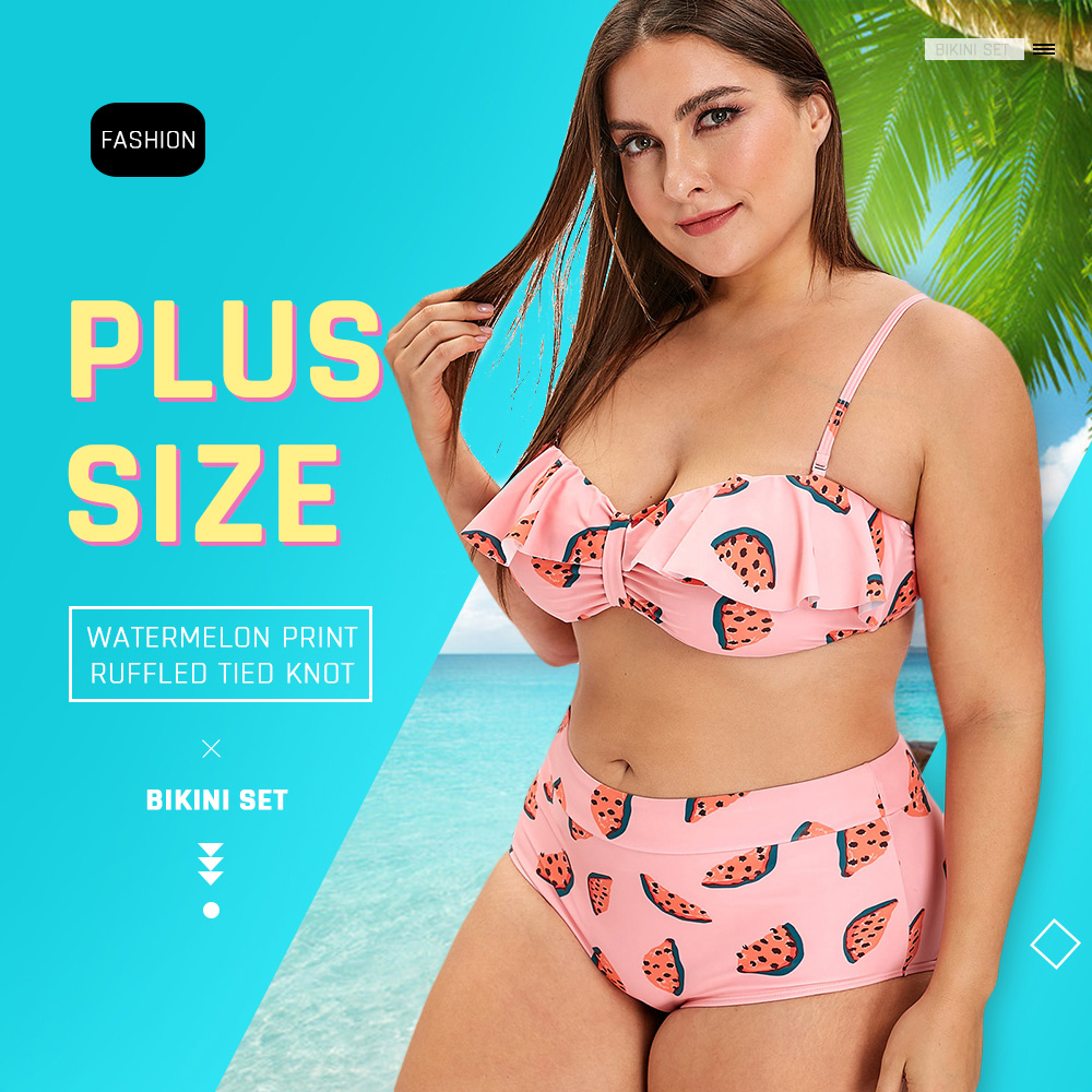 Plus Size Watermelon Print Ruffled Bikini Set