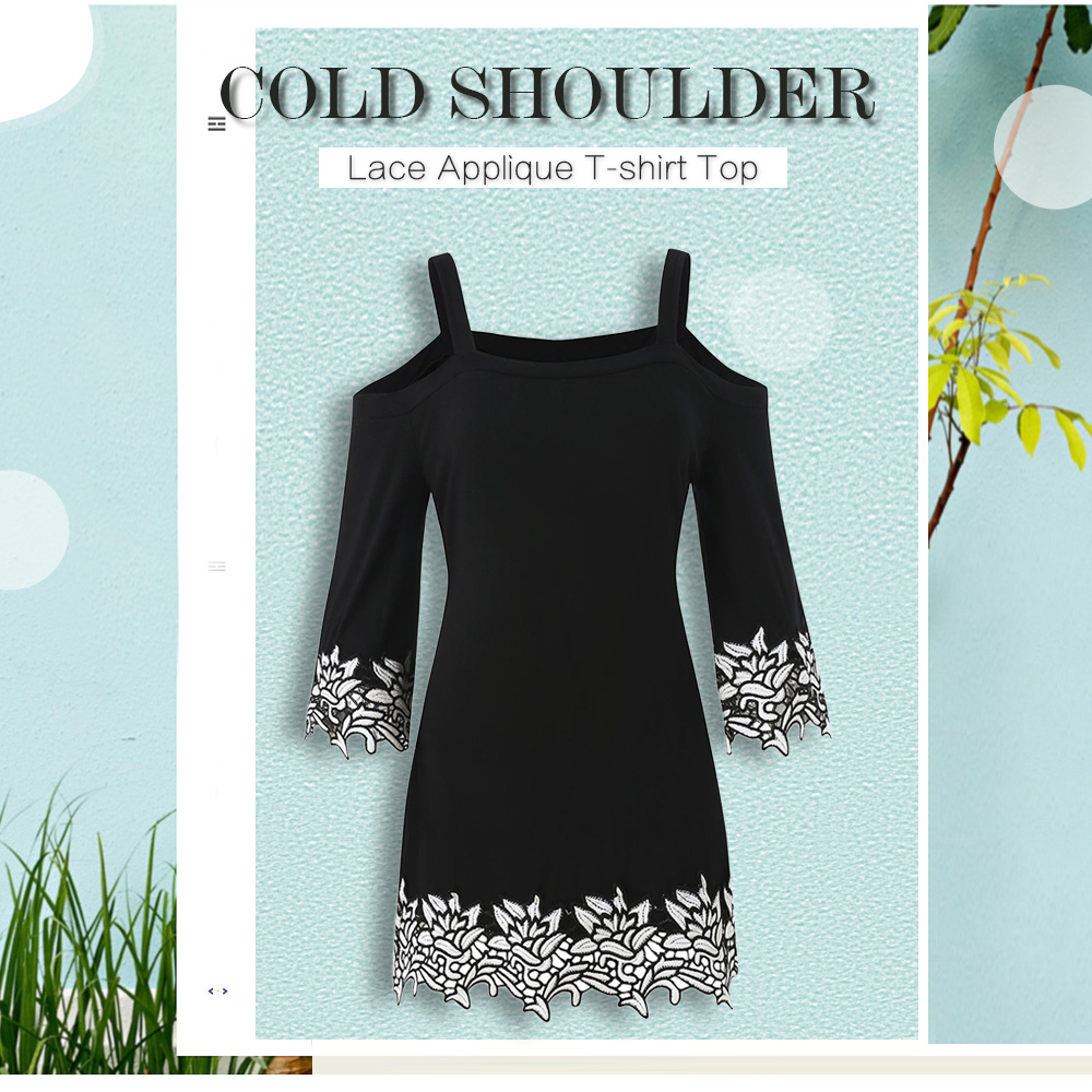 Cold Shoulder Lace Applique T-shirt