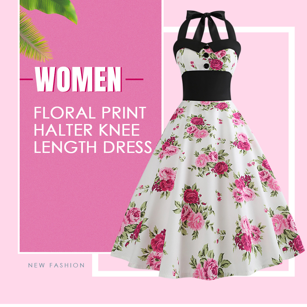 Floral Print Halter Knee Length Dress