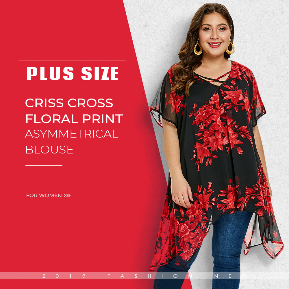 Plus Size Criss Cross Floral Print Blouse