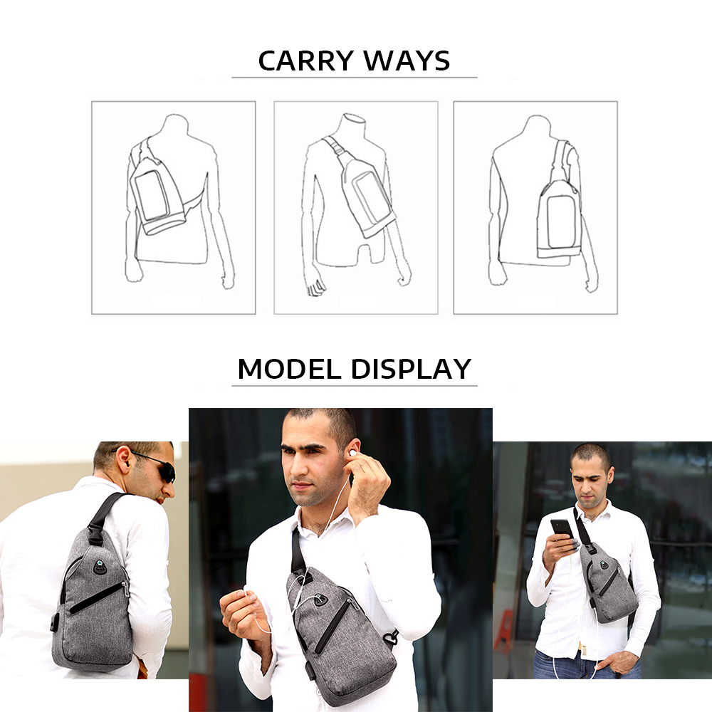 Fashion USB Charging Earphone Hole Chest Shoulder Crossbody Men Bag