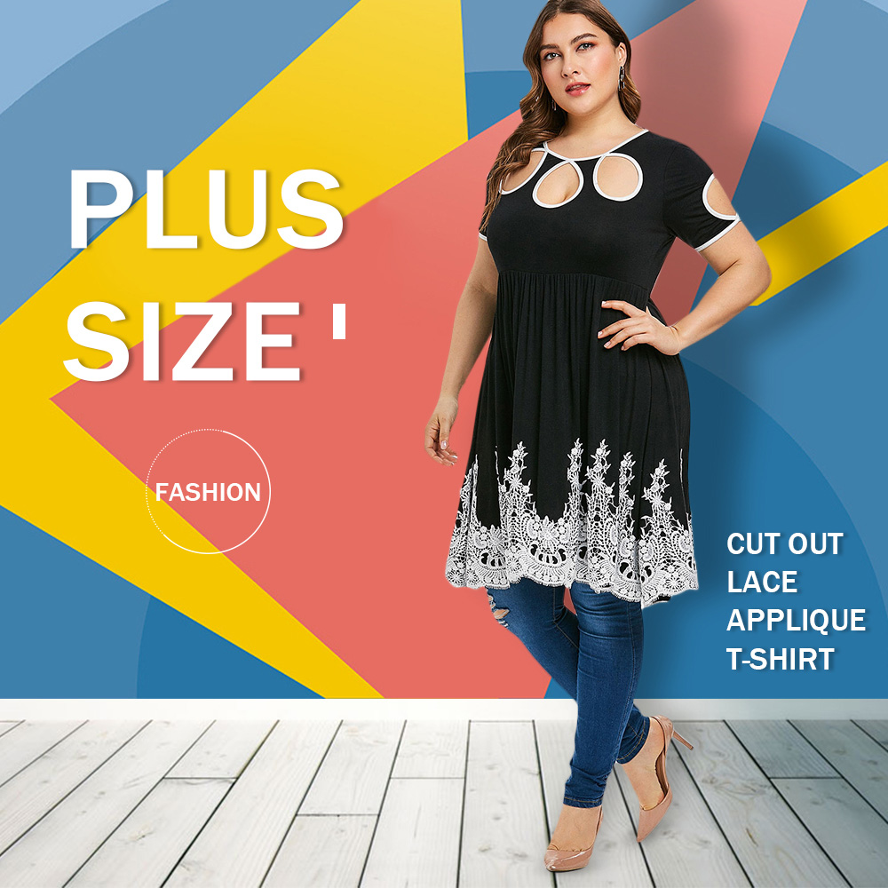 Plus Size Cut Out Lace Applique T-shirt