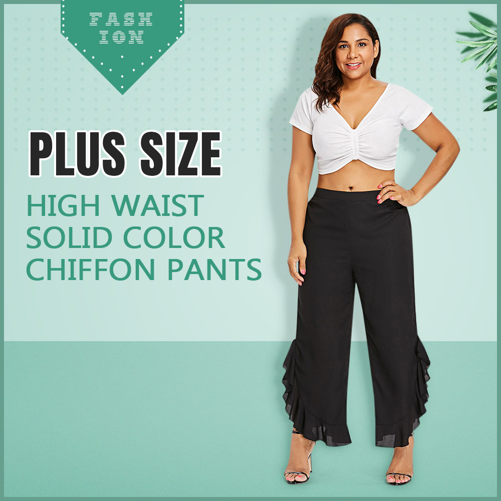 Plus Size High Waist Solid Color Ruffles Asymmetric Women Chiffon Pants