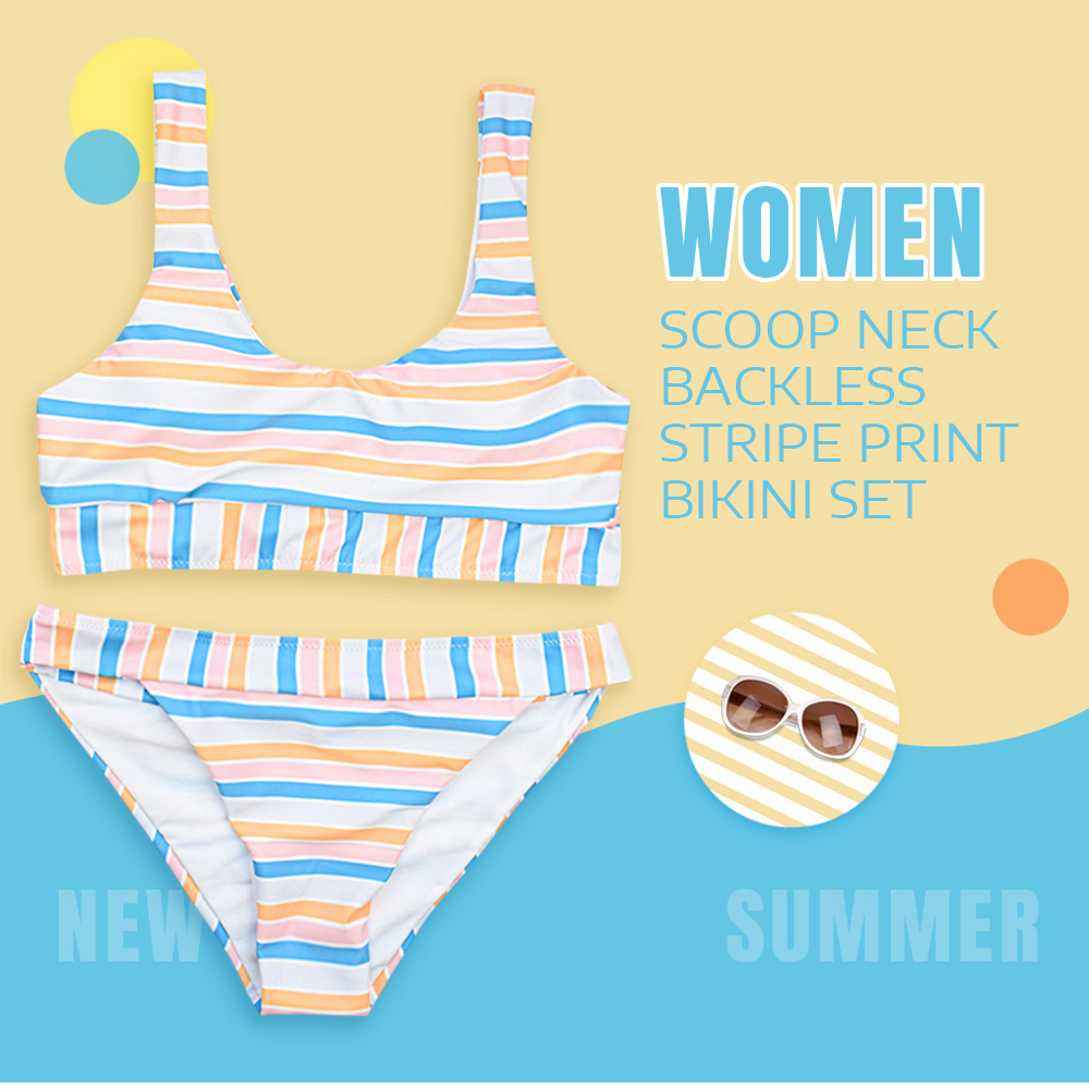 Scoop Neck Backless Padded Colorful Stripe Print Low Waist Women Bikini Set