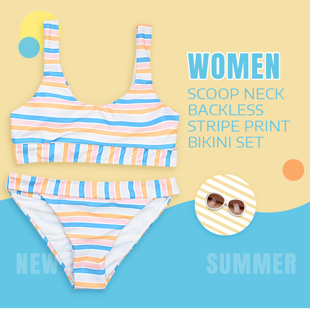 Scoop Neck Backless Padded Colorful Stripe Print Low Waist Women Bikini Set