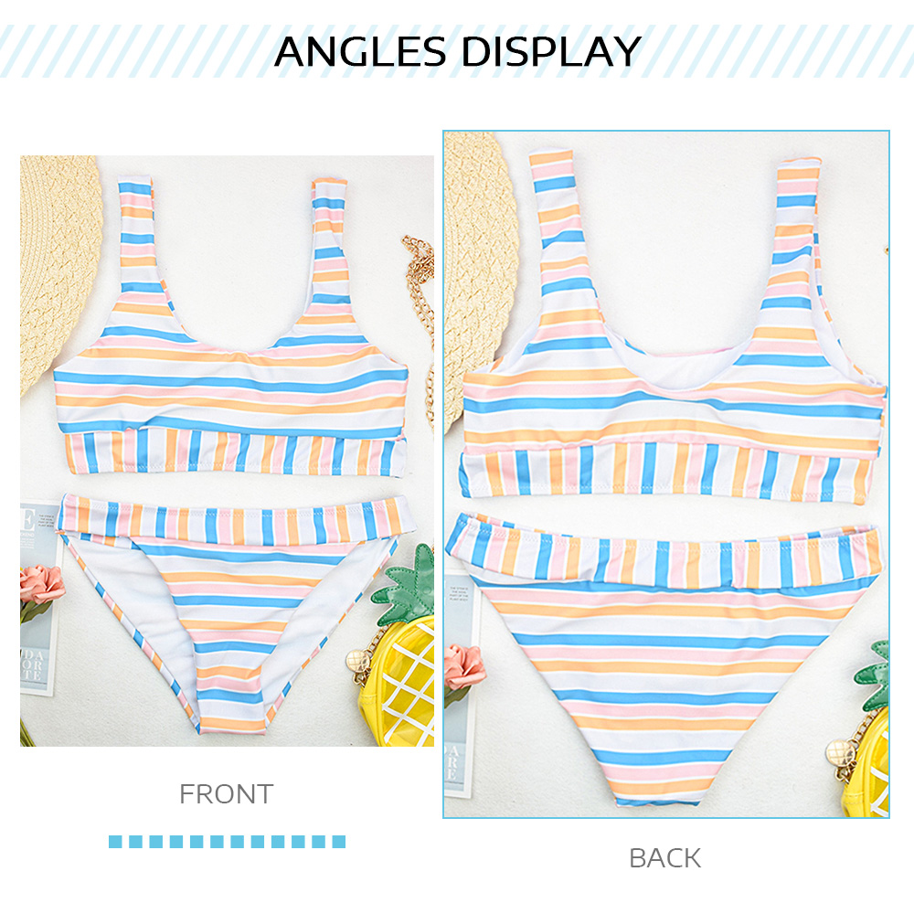 Scoop Neck Backless Padded Colorful Stripe Print Low Waist Women Bikini Set