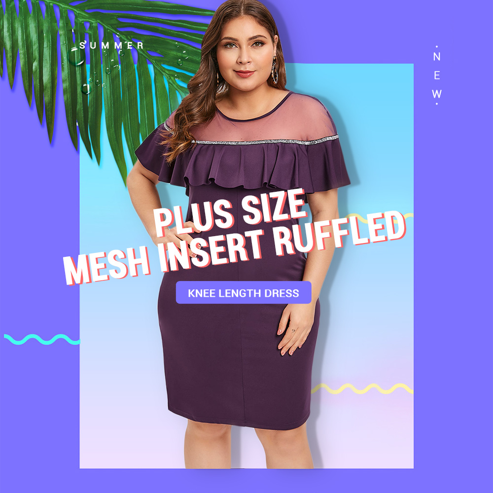 Plus Size Mesh Insert Ruffled Knee Length Dress