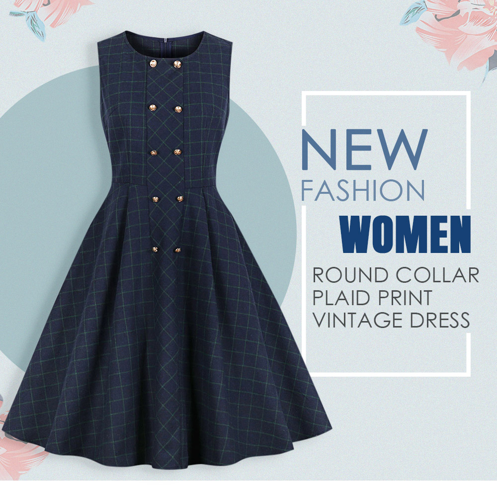 Round Collar Sleeveless Plaid Print A-line Button Women Vintage Dress
