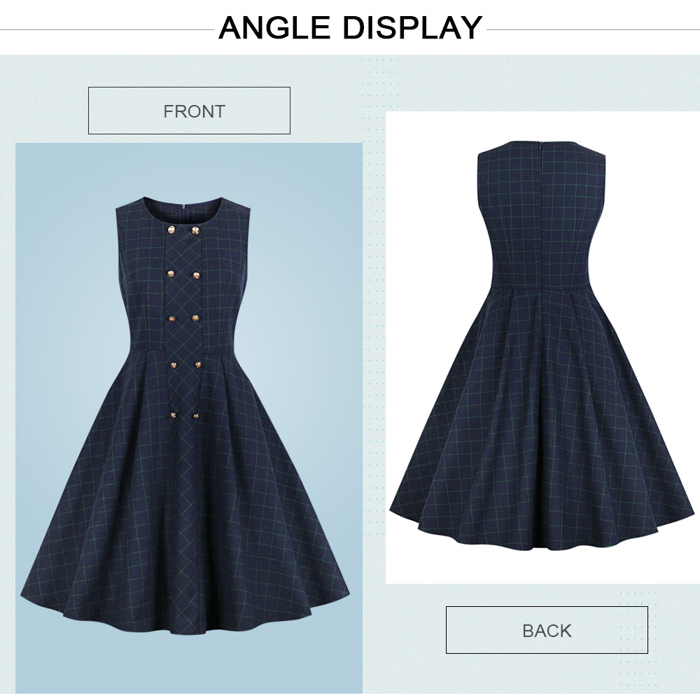 Round Collar Sleeveless Plaid Print A-line Button Women Vintage Dress