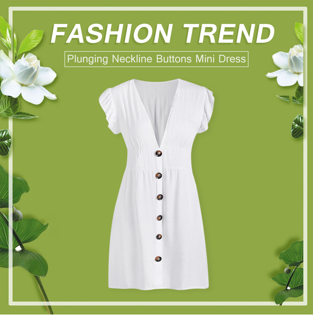 Plunging Neckline Buttons Mini Dress