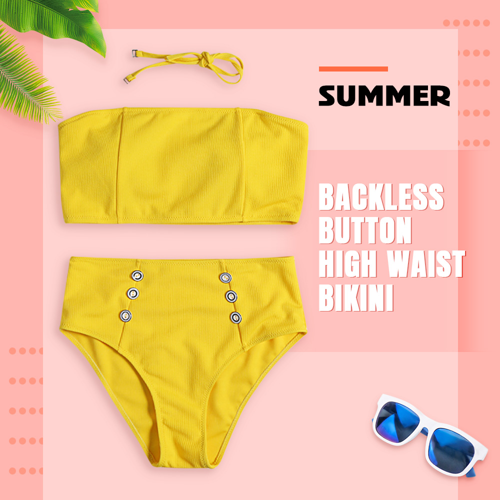 Strapless Halter Neck Backless Padded Solid Color Button High Waist Women Bikini Set