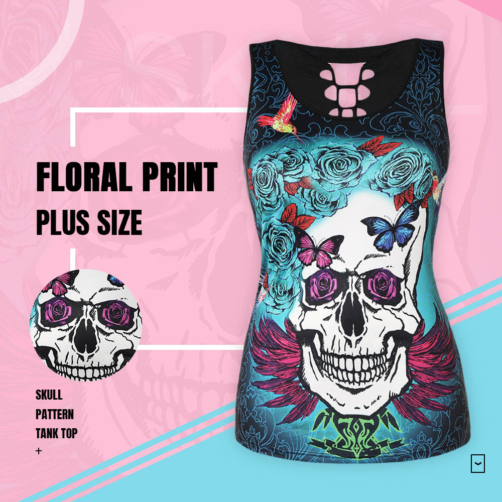 Floral Print Plus Size Skull Pattern Tank Top