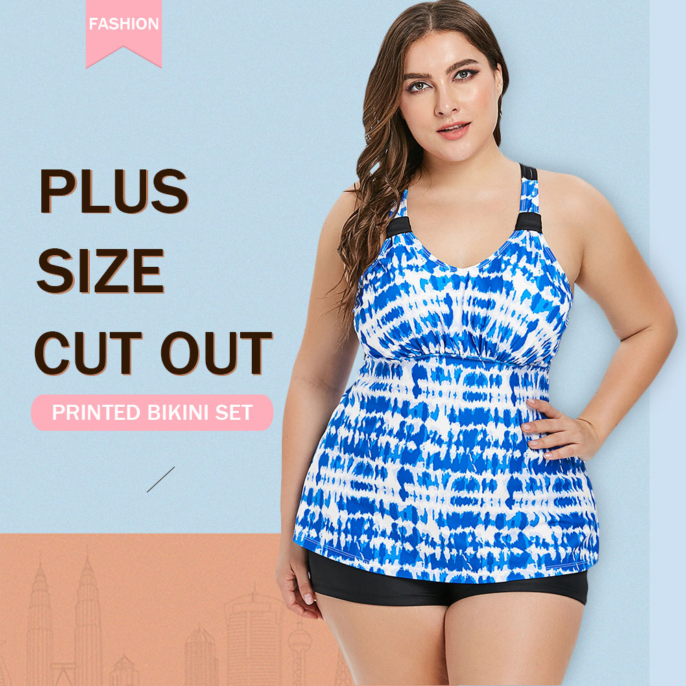 Back Criss Cross Plus Size Printed Tankini Set