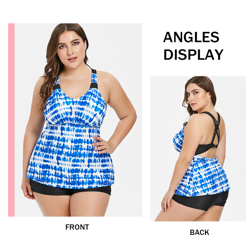 Back Criss Cross Plus Size Printed Tankini Set