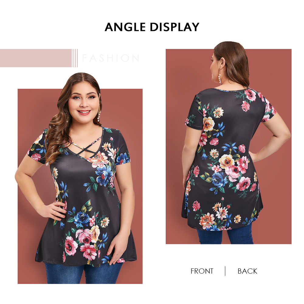 Criss Cross Floral Print Plus Size T-shirt