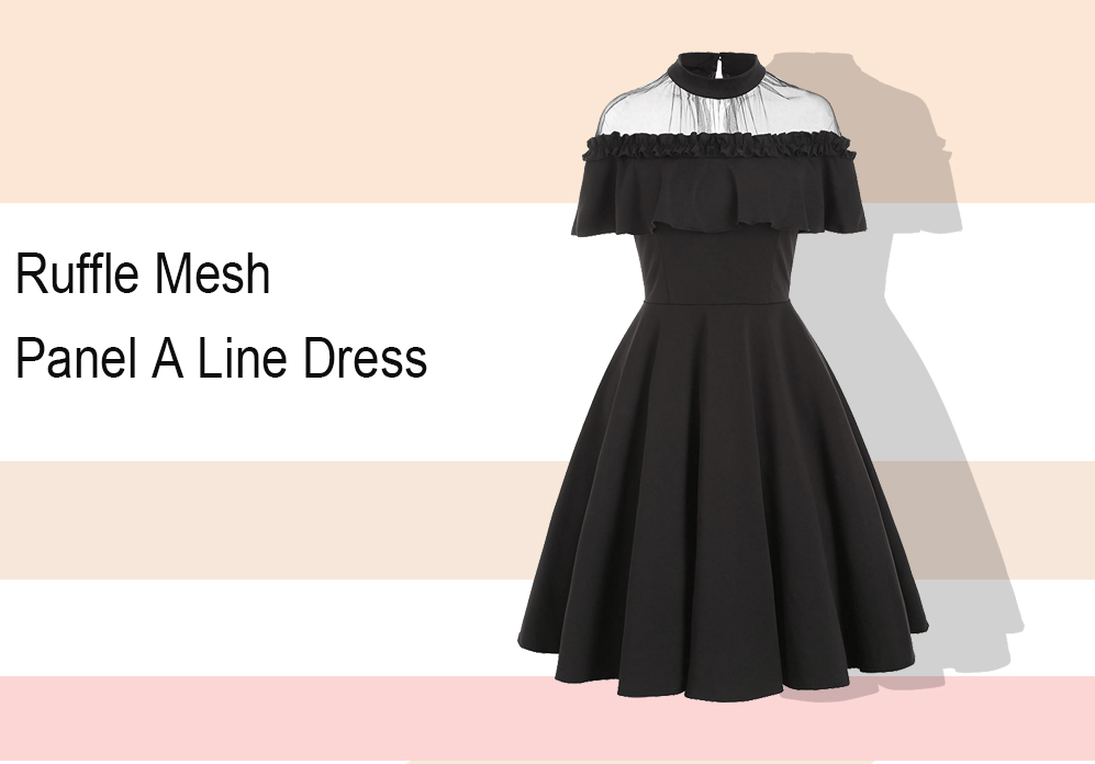 Ruffle Mesh Panel A Line Dress