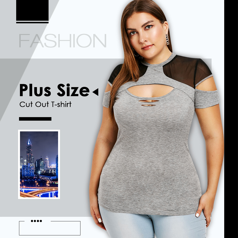 Plus Size Cut Out Mesh Insert Ripped T-shirt