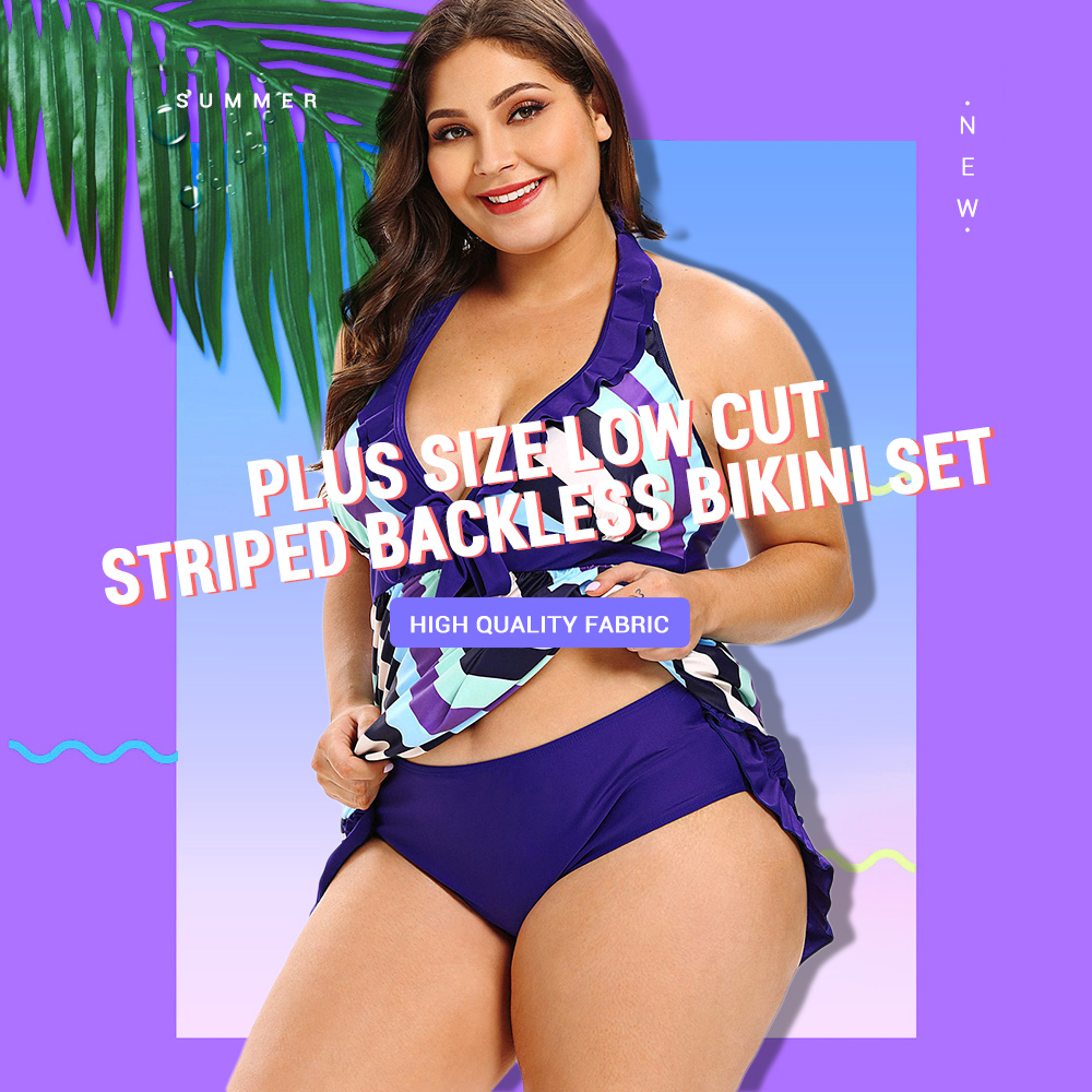 Plus Size Low Cut Striped Backless Tankini Set
