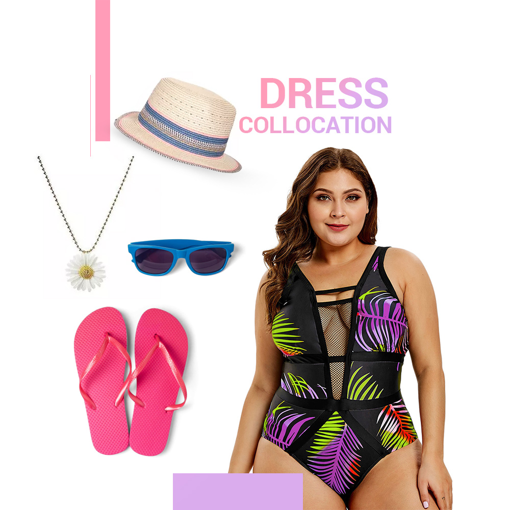 Plus Size Openwork Leaf Print Swimwear