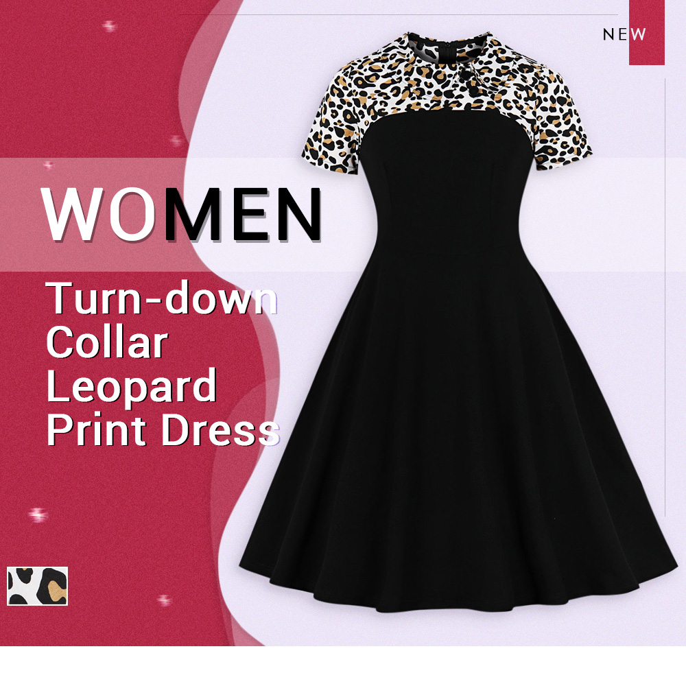 Turn-down Collar Short Sleeve Leopard Print Button Women Vintage Dress