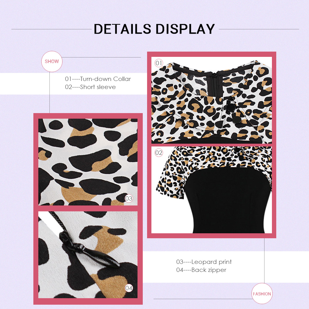 Turn-down Collar Short Sleeve Leopard Print Button Women Vintage Dress