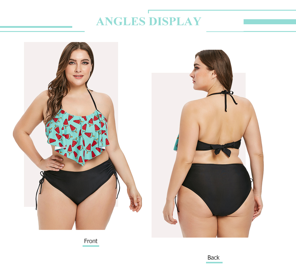 Plus Size Halter Flounce Backlesss Cinched Bikini Set