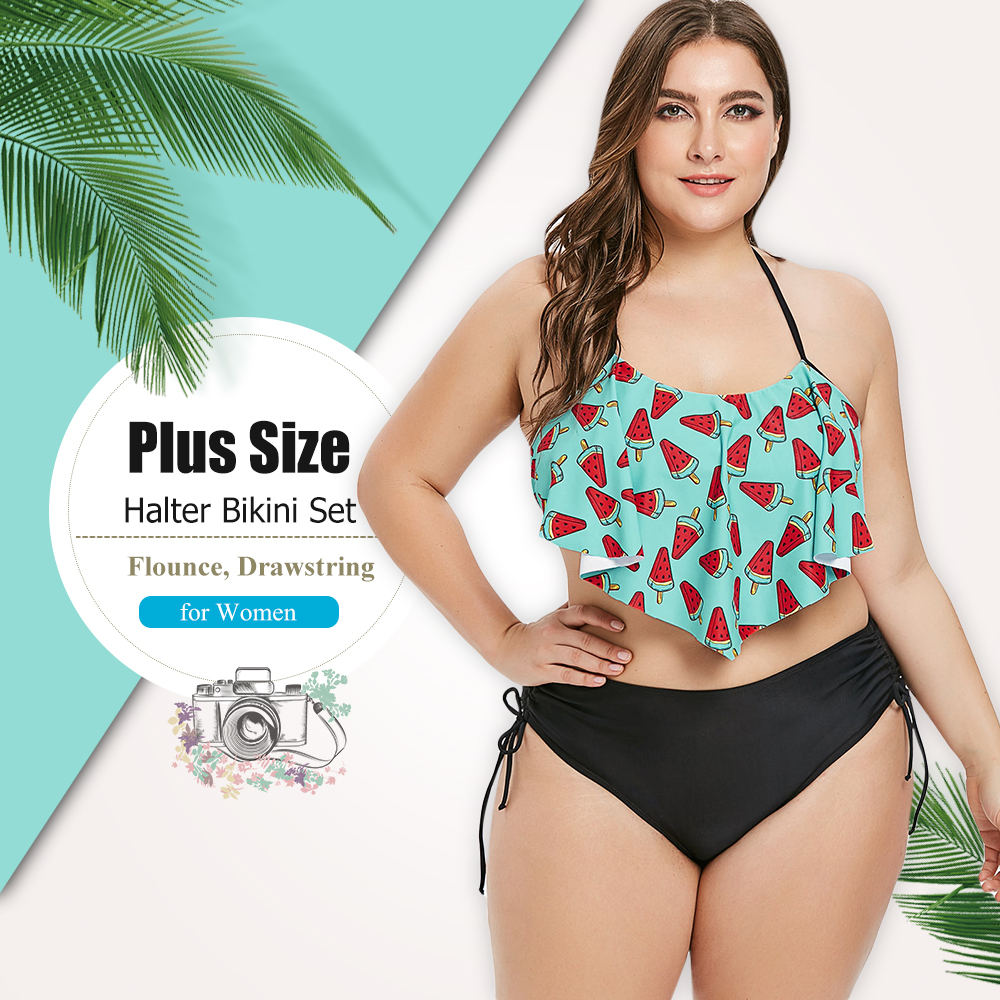 Plus Size Halter Flounce Backlesss Cinched Bikini Set