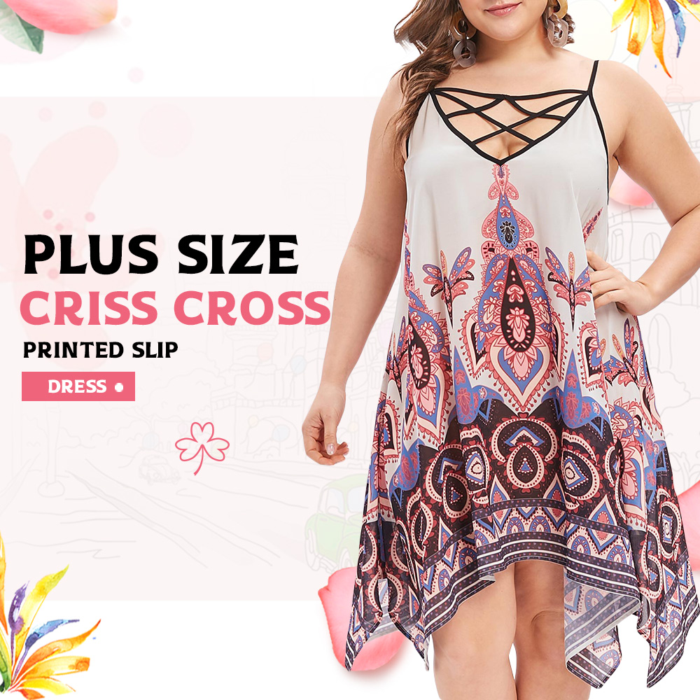 Plus Size Criss Cross Printed Slip Dress
