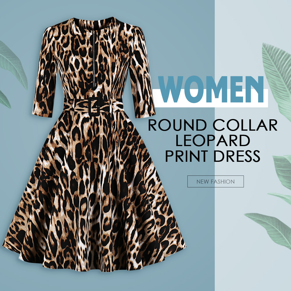 Round Collar 3/4 Sleeve Leopard Print Zipper Belted A-line Women Vintage Dress