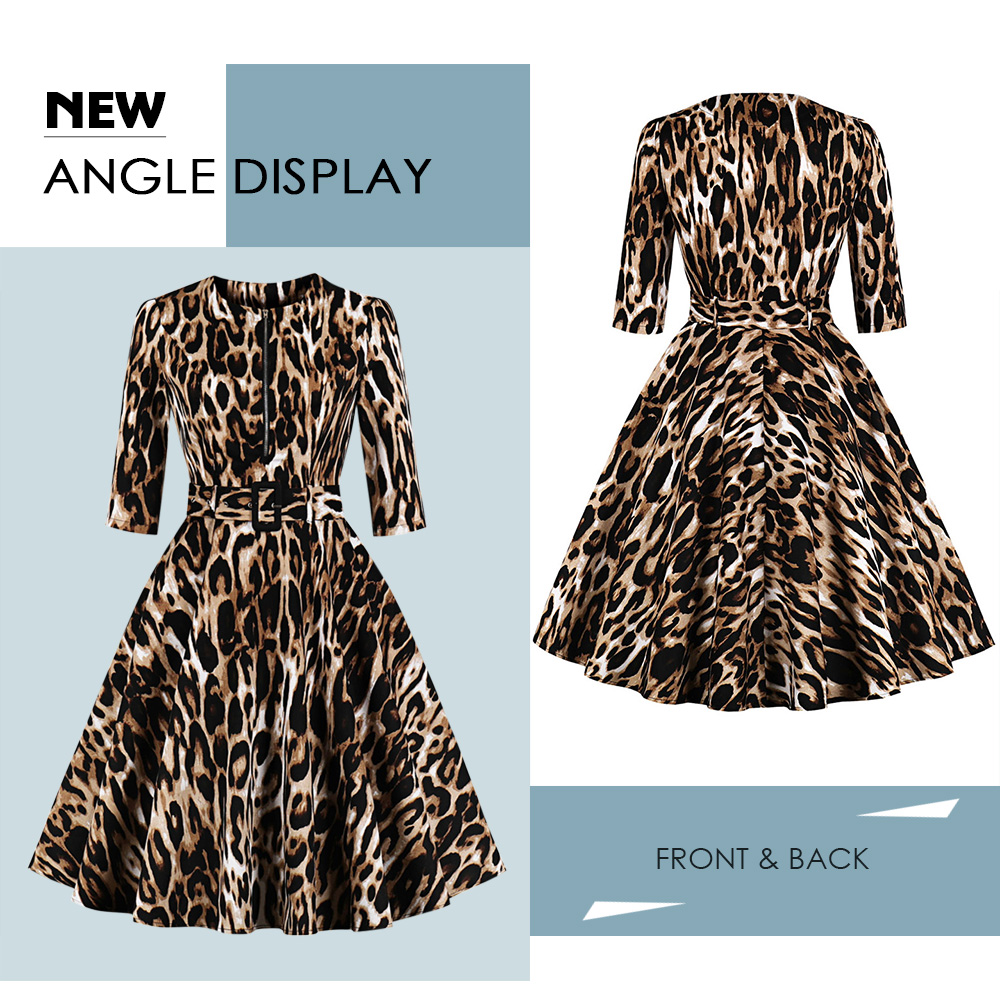 Round Collar 3/4 Sleeve Leopard Print Zipper Belted A-line Women Vintage Dress