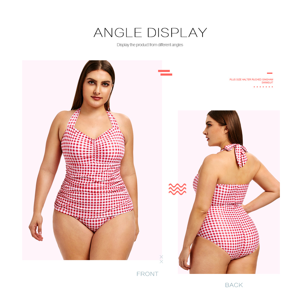 Plus Size Halter Ruched Gingham Swimsuit