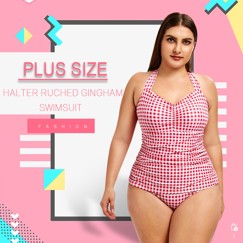 Plus Size Halter Ruched Gingham Swimsuit