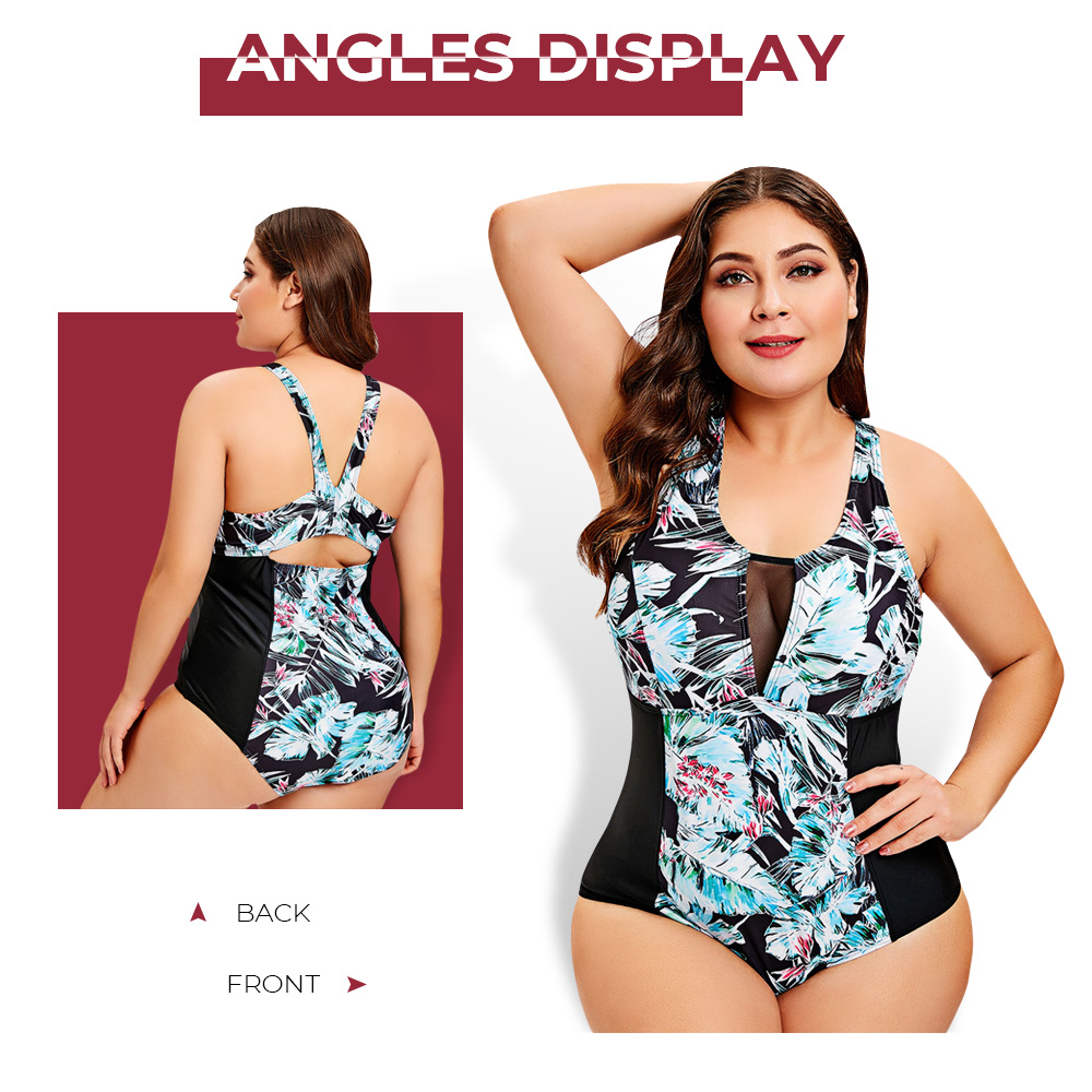 Plus Size Leaf Print Mesh Panel Swimwear