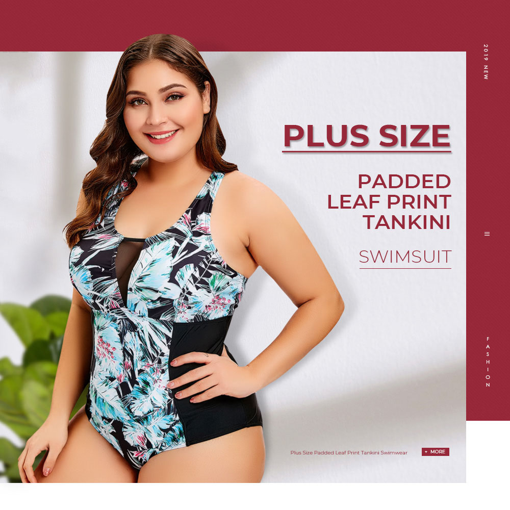 Plus Size Leaf Print Mesh Panel Swimwear