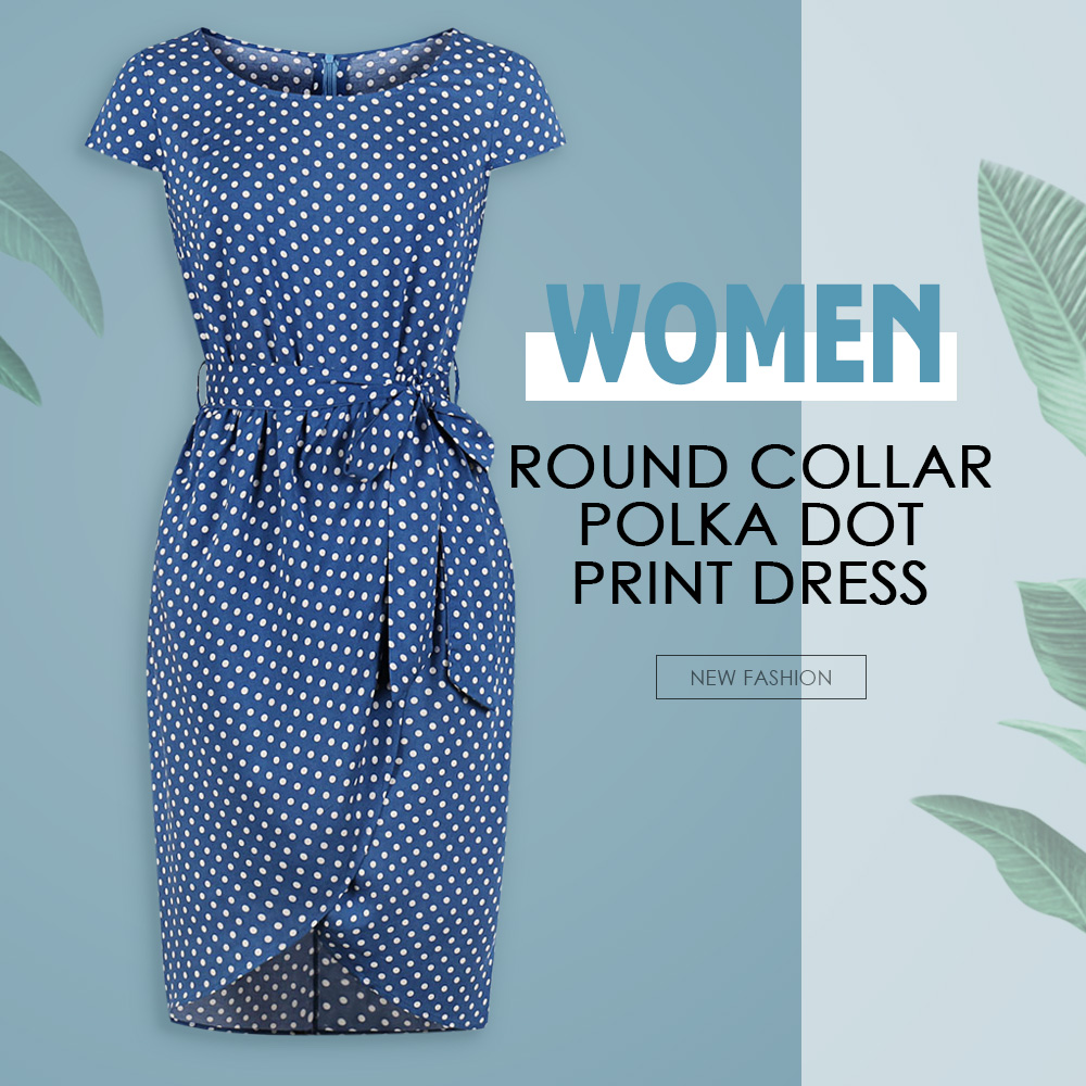 Round Collar Short Sleeve Polka Dot Print Belted Asymmetric Women Vintage Dress