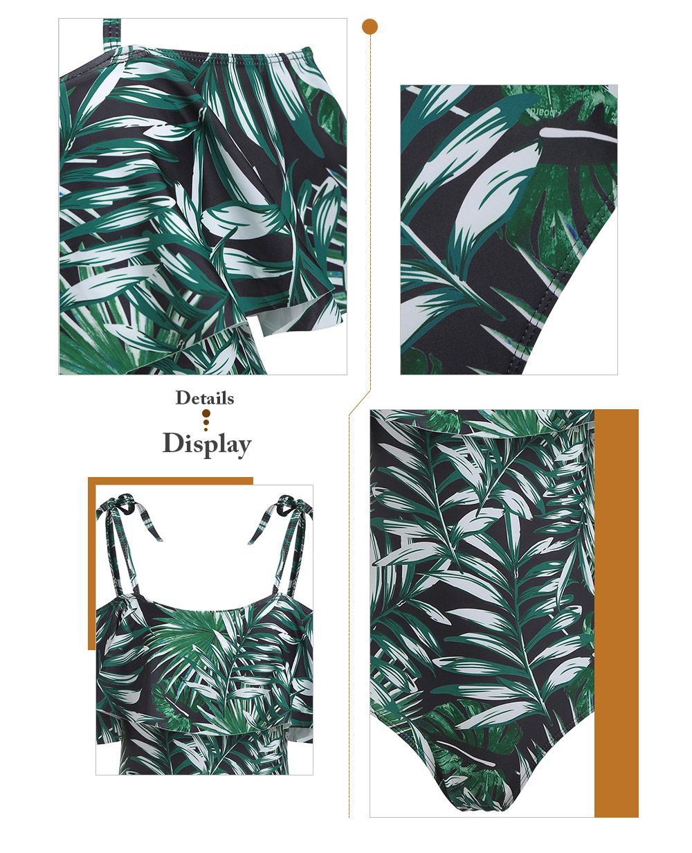 Leaves Print Cold Shoulder Ruffle Swimsuit