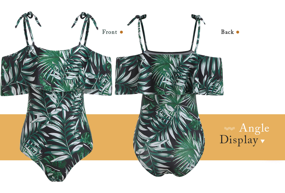 Leaves Print Cold Shoulder Ruffle Swimsuit