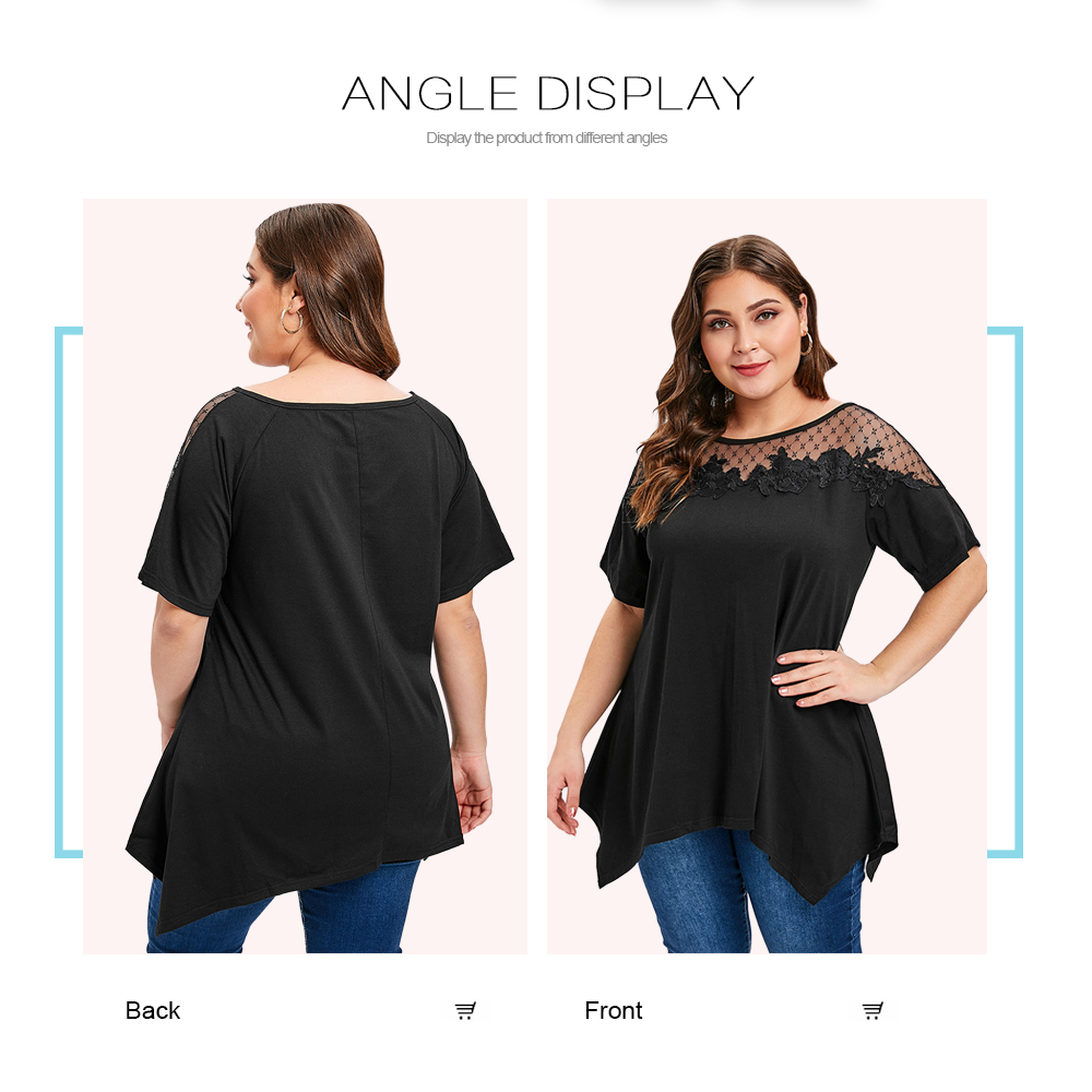 Lace Applique Plus Size Round Neck T-shirt