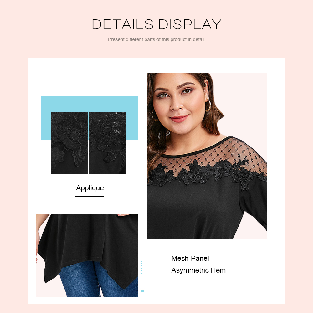 Lace Applique Plus Size Round Neck T-shirt