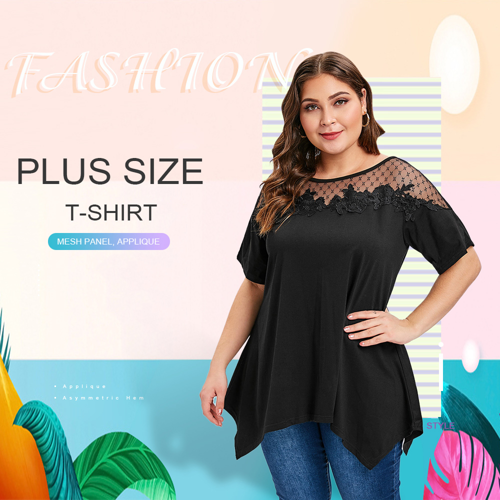 Lace Applique Plus Size Round Neck T-shirt