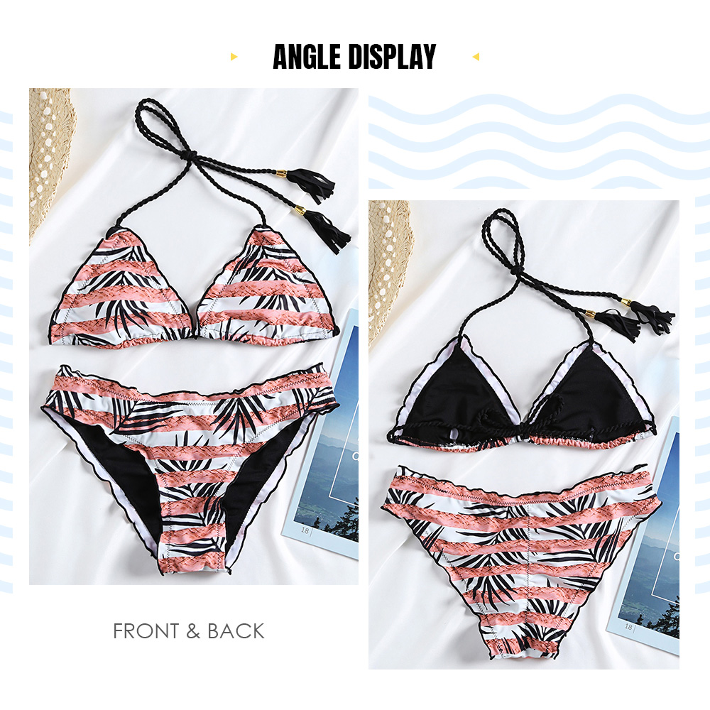 Stripy Plant Print Halter Padded Bikini Set