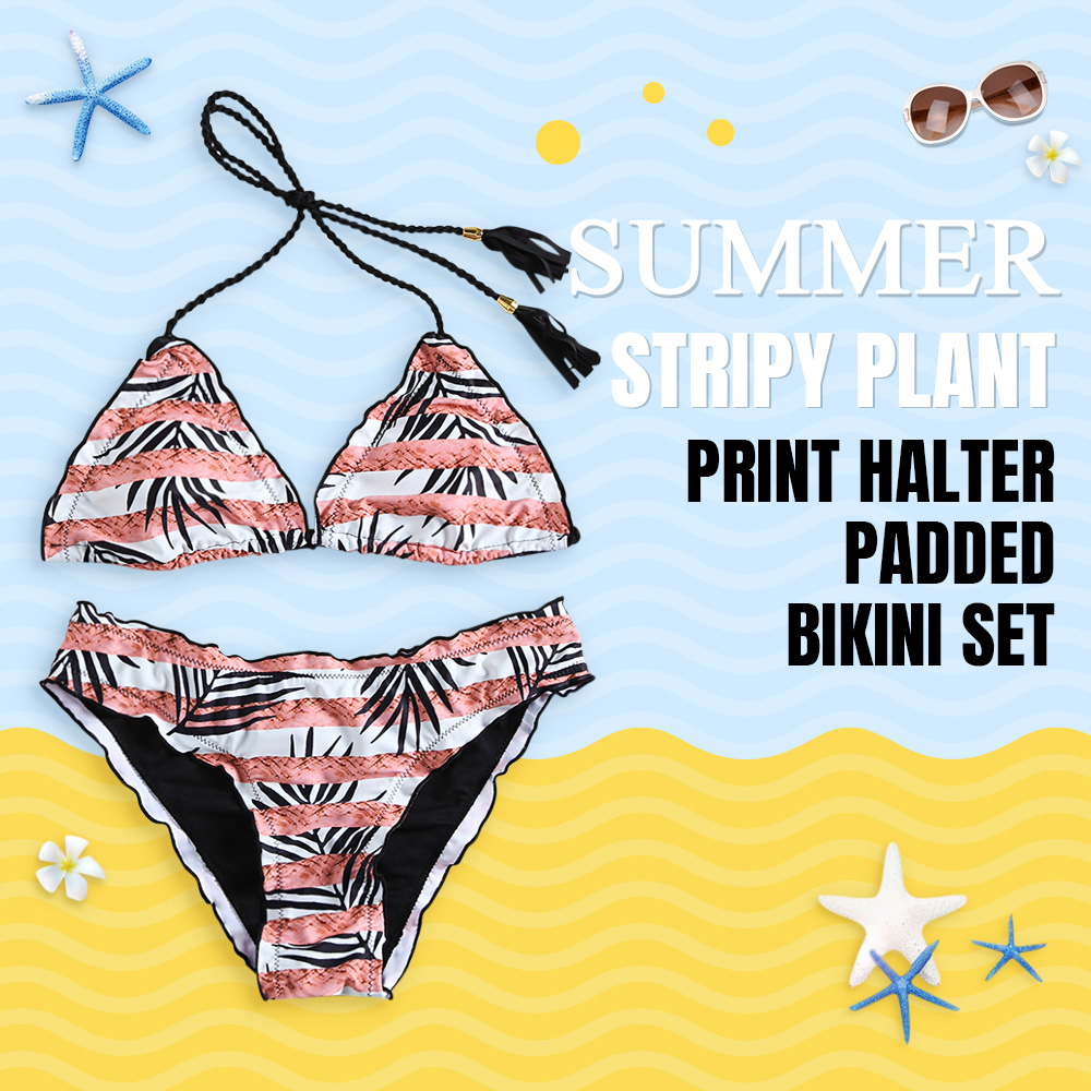 Stripy Plant Print Halter Padded Bikini Set