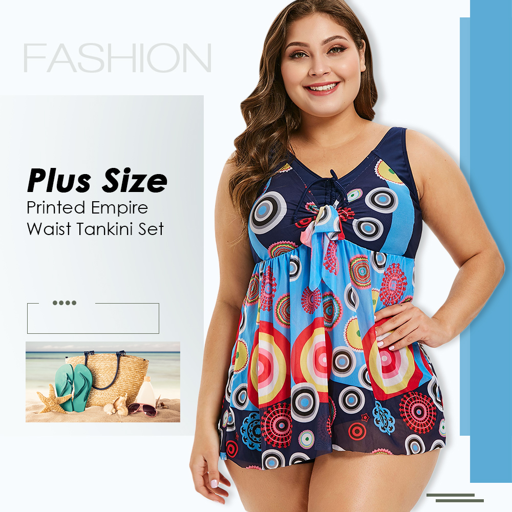 Plus Size Printed Overlay Empire Waist Tankini Set