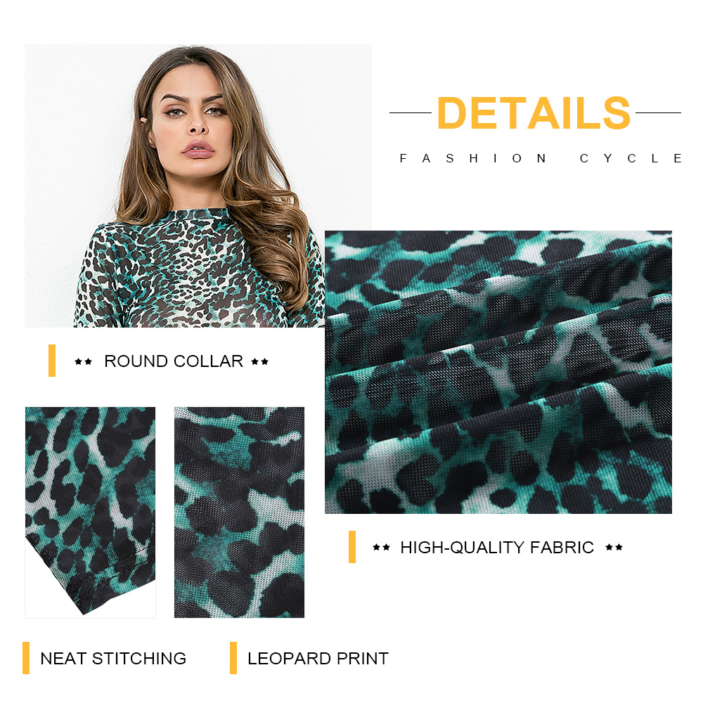 Women Crop Top Sexy Leopard Long Sleeve Round Collar