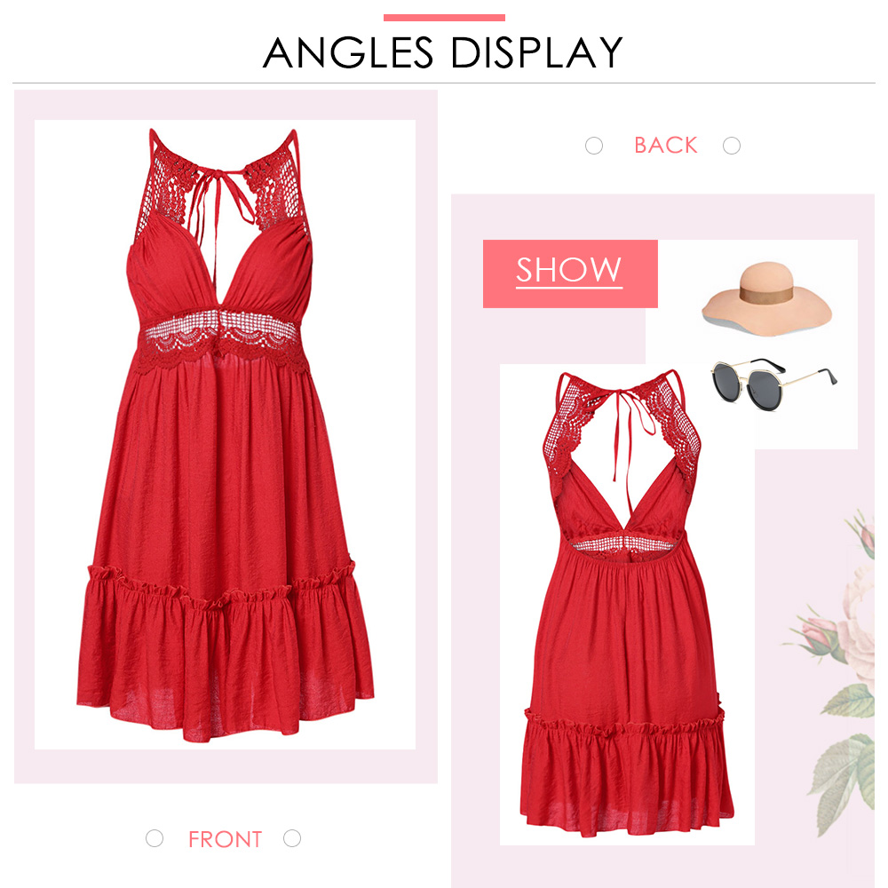 Sexy Plunge Neck Spaghetti Strap Backless Lace Spliced Women Dress